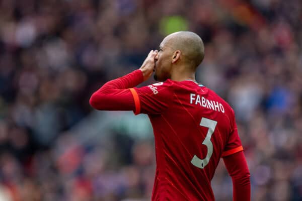 LIVERPOOL, ENGLAND - Saturday, April 2, 2022: Liverpool's Fabio Henrique Tavares 'Fabinho' celebrates after scoring the second goal during the FA Premier League match between Liverpool FC and Watford FC at Anfield. Liverpool won 2-0. (Pic by David Rawcliffe/Propaganda)