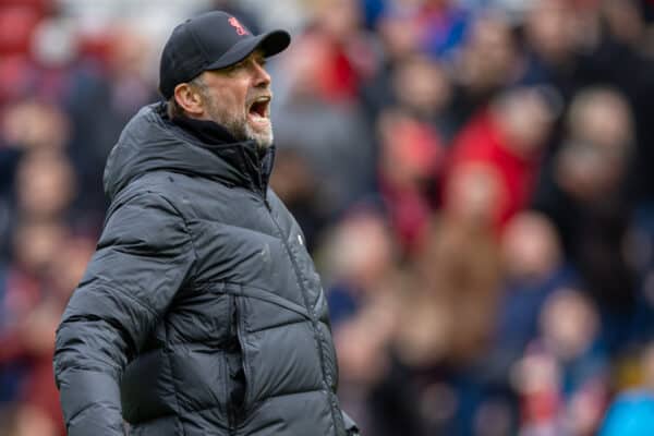 LIVERPOOL, ENGLAND - Saturday, April 2, 2022: Liverpool's manager Jürgen Klopp celebrates after the FA Premier League match between Liverpool FC and Watford FC at Anfield. Liverpool won 2-0. (Pic by David Rawcliffe/Propaganda)