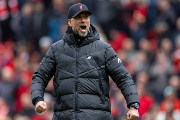 LIVERPOOL, ENGLAND - Saturday, April 2, 2022: Liverpool's manager Jürgen Klopp celebrates after the FA Premier League match between Liverpool FC and Watford FC at Anfield. Liverpool won 2-0. (Pic by David Rawcliffe/Propaganda)