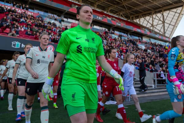 BRISTOL, ENGLAND - Sunday, April 3, 2022: Liverpool's goalkeeper Rachel Laws walks out before the FA Women’s Championship Round 20 match between Bristol City FC Women and Liverpool FC Women at Ashton Gate. Liverpool won 4-2. (Pic by Geoff Caddick/Propaganda)