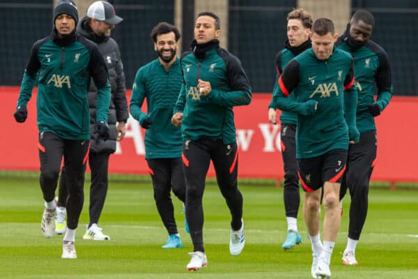 LIVERPOOL, ENGLAND - Monday, April 4, 2022: Liverpool's Fabio Henrique Tavares 'Fabinho', Mohamed Salah, Thiago Alcantara walk out before a training session at the AXA Training Centre ahead of the UEFA Champions League Quarter-Final 1st Leg match against SL Benfica. (Pic by David Rawcliffe/Propaganda)