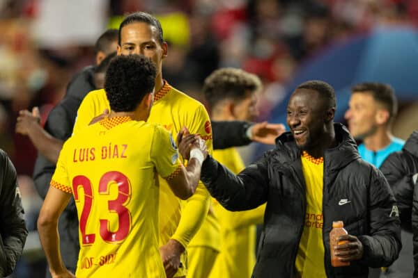 LISBON, PORTUGAL - Tuesday, April 5, 2022: Liverpool's Naby Keita (R) and Luis Díaz (L) celebrate after the UEFA Champions League Quarter-Final 1st Leg game between SL Benfica and Liverpool FC at the Estádio da Luz. Liverpool won 3-1. (Pic by David Rawcliffe/Propaganda)