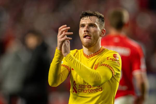 LISBON, PORTUGAL - Tuesday, April 5, 2022: Liverpool's Andy Robertson applauds the supporters after the UEFA Champions League Quarter-Final 1st Leg game between SL Benfica and Liverpool FC at the Estádio da Luz. Liverpool won 3-1. (Pic by David Rawcliffe/Propaganda)