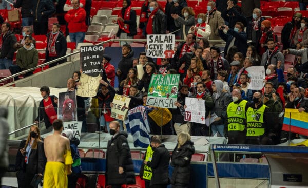 LISBON, PORTUGAL - Tuesday, April 5, 2022: Supporters with banners asking for shirts after the UEFA Champions League Quarter-Final 1st Leg game between SL Benfica and Liverpool FC at the Estádio da Luz. Liverpool won 3-1. (Pic by David Rawcliffe/Propaganda)