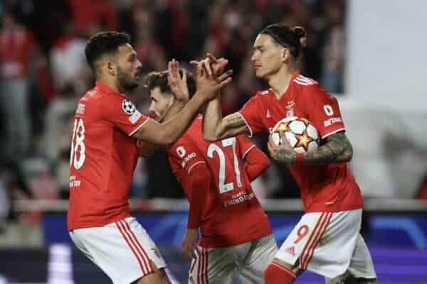 LISBON, PORTUGAL - APRIL 05: Darwin Nunez (R) of S.L. Benfica celebrates with teammate Goncalo Ramos of S.L. Benfica after scoring their side's first goal during the UEFA Champions League Quarter Final Leg One match between SL Benfica and Liverpool FC at Estadio da Luz on April 05, 2022 in Lisbon, Portugal. (Photo by Carlos Rodrigues - UEFA)