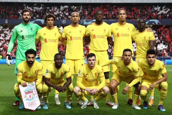 LISBON, PORTUGAL - APRIL 05: Liverpool players pose for a team photo prior to the UEFA Champions League Quarter Final Leg One match between SL Benfica and Liverpool FC at Estadio da Luz on April 05, 2022 in Lisbon, Portugal. Back row L-R: goalkeeper Alisson Becker, Trent Alexander-Arnold, Fabio Henrique Tavares 'Fabinho’, Ibrahima Konaté, Virgil van Dijk, Sadio Mané. Front row L-R: Mohamed Salah, Naby Keita, Andy Robertson, Thiago Alcantara, Luis Díaz. (Photo by Carlos Rodrigues - UEFA)