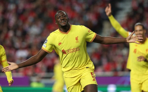 LISBON, PORTUGAL - APRIL 05: Ibrahima Konate of Liverpool celebrates after scoring their side's first goal during the UEFA Champions League Quarter Final Leg One match between SL Benfica and Liverpool FC at Estadio da Luz on April 05, 2022 in Lisbon, Portugal. (Photo by Carlos Rodrigues - UEFA)