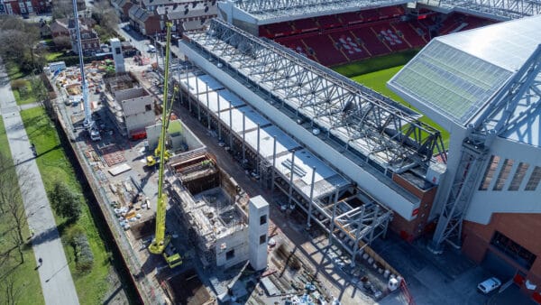 LIVERPOOL, ENGLAND - Friday, April 8, 2022: An aerial view of Anfield, the home stadium of Liverpool Football Club. The image shows the ongoing construction of the new Anfield Road stand. (Pic by David Rawcliffe/Propaganda)