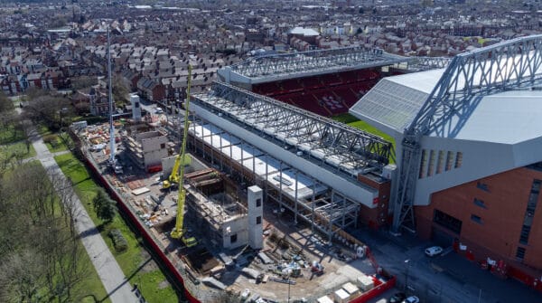 LIVERPOOL, ENGLAND - Friday, April 8, 2022: An aerial view of Anfield, the home stadium of Liverpool Football Club. The image shows the ongoing construction of the new Anfield Road stand. (Pic by David Rawcliffe/Propaganda)