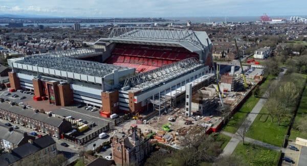 LIVERPOOL, ENGLAND - Friday, April 8, 2022: An aerial view of Anfield, the home stadium of Liverpool Football Club. The image shows the ongoing construction of the new Anfield Road stand. (Pic by David Rawcliffe/Propaganda)