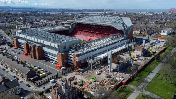 LIVERPOOL, ENGLAND - Friday, April 8, 2022: An aerial view of Anfield, the home stadium of Liverpool Football Club. The image shows the ongoing construction of the new Anfield Road stand. (Pic by David Rawcliffe/Propaganda)