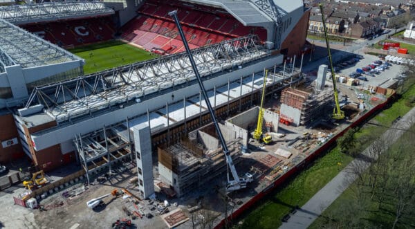 LIVERPOOL, ENGLAND - Friday, April 8, 2022: An aerial view of Anfield, the home stadium of Liverpool Football Club. The image shows the ongoing construction of the new Anfield Road stand. (Pic by David Rawcliffe/Propaganda)