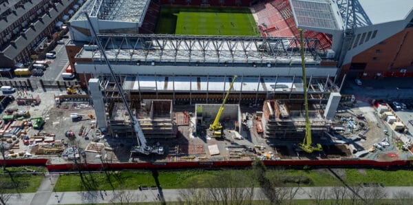 LIVERPOOL, ENGLAND - Friday, April 8, 2022: An aerial view of Anfield, the home stadium of Liverpool Football Club. The image shows the ongoing construction of the new Anfield Road stand. (Pic by David Rawcliffe/Propaganda)