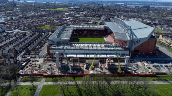 LIVERPOOL, ENGLAND - Friday, April 8, 2022: An aerial view of Anfield, the home stadium of Liverpool Football Club. The image shows the ongoing construction of the new Anfield Road stand. (Pic by David Rawcliffe/Propaganda)