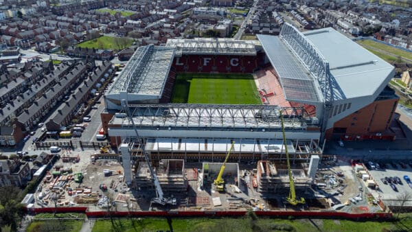 LIVERPOOL, ENGLAND - Friday, April 8, 2022: An aerial view of Anfield, the home stadium of Liverpool Football Club. The image shows the ongoing construction of the new Anfield Road stand. (Pic by David Rawcliffe/Propaganda)