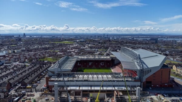 LIVERPOOL, ENGLAND - Friday, April 8, 2022: An aerial view of Anfield, the home stadium of Liverpool Football Club. The image shows the ongoing construction of the new Anfield Road stand. (Pic by David Rawcliffe/Propaganda)