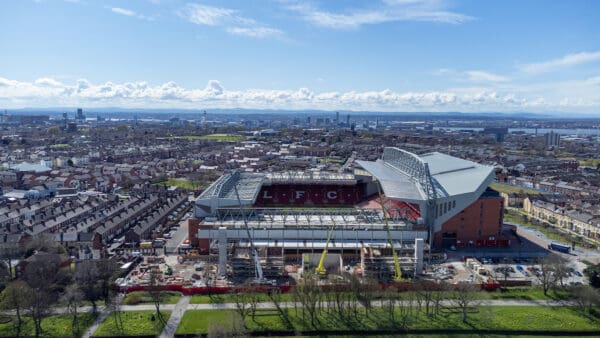 LIVERPOOL, ENGLAND - Friday, April 8, 2022: An aerial view of Anfield, the home stadium of Liverpool Football Club. The image shows the ongoing construction of the new Anfield Road stand. (Pic by David Rawcliffe/Propaganda)