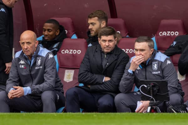 BIRMINGHAM, ENGLAND - Saturday, April 9, 2022: Aston Villa's manager Steven Gerrard (C) with assistant head coach Gary McAllister (L) and technical coach Tom Culshaw (R) on the bench during the FA Premier League match between Aston Villa FC and Tottenham Hotspur FC at Villa Park. Tottenham won 4-0. (Pic by David Rawcliffe/Propaganda)