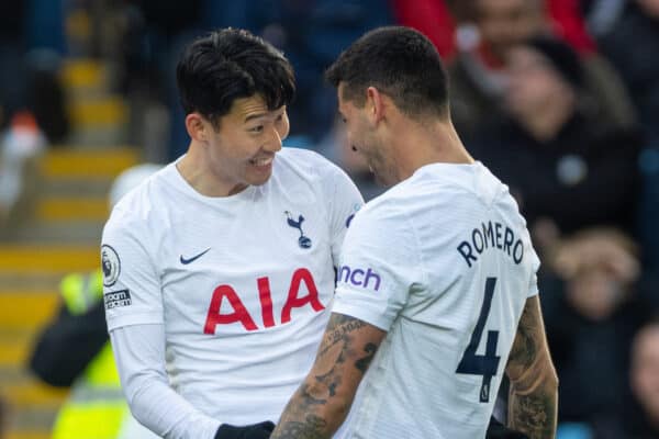 BIRMINGHAM, ENGLAND - Saturday, April 9, 2022: Tottenham Hotspur's Son Heung-min (L) celebrates with team-mate Cristian Romero after scoring the third goal during the FA Premier League match between Aston Villa FC and Tottenham Hotspur FC at Villa Park. Tottenham won 4-0. (Pic by David Rawcliffe/Propaganda)