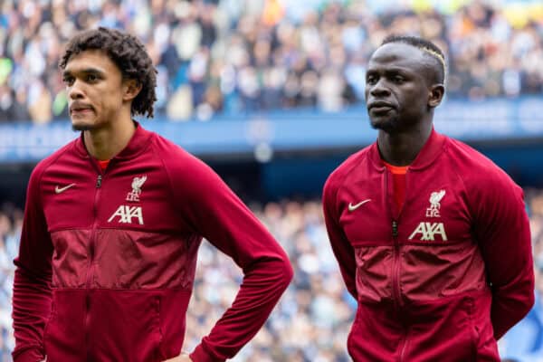MANCHESTER, ENGLAND - Sunday, April 10, 2022: Liverpool's Trent Alexander-Arnold (L) and Sadio Mané line-up before the FA Premier League match between Manchester City FC and Liverpool FC at the City of Manchester Stadium. The game ended in a 2-2 draw. (Pic by David Rawcliffe/Propaganda)