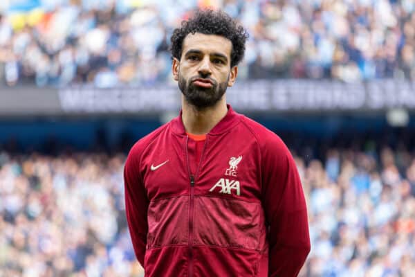 MANCHESTER, ENGLAND - Sunday, April 10, 2022: Liverpool's Mohamed Salah before the FA Premier League match between Manchester City FC and Liverpool FC at the City of Manchester Stadium. The game ended in a 2-2 draw. (Pic by David Rawcliffe/Propaganda)