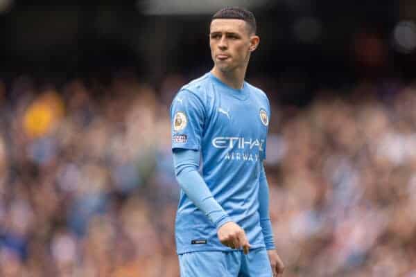 MANCHESTER, ENGLAND - Sunday, April 10, 2022: Manchester City's Phil Foden during the FA Premier League match between Manchester City FC and Liverpool FC at the City of Manchester Stadium. The game ended in a 2-2 draw. (Pic by David Rawcliffe/Propaganda)