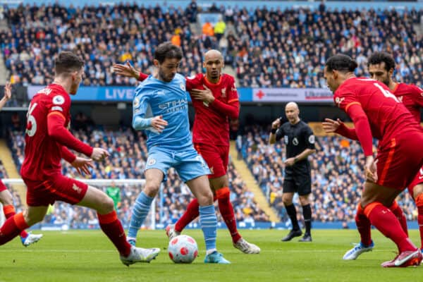 MANCHESTER, ENGLAND - Sunday, April 10, 2022: Manchester City's Bernardo Silva during the FA Premier League match between Manchester City FC and Liverpool FC at the City of Manchester Stadium. The game ended in a 2-2 draw. (Pic by David Rawcliffe/Propaganda)