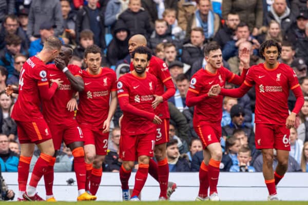 MANCHESTER, ENGLAND - Sunday, April 10, 2022: Liverpool's Diogo Jota (3rd from L) celebrates with team-mates after scoring his side's first equalising goal during the FA Premier League match between Manchester City FC and Liverpool FC at the City of Manchester Stadium. The game ended in a 2-2 draw. (Pic by David Rawcliffe/Propaganda)