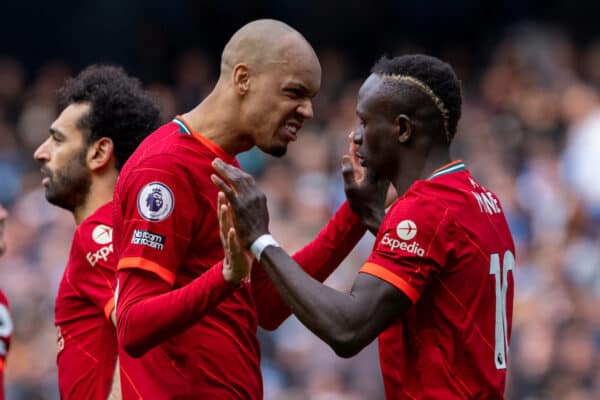 MANCHESTER, ENGLAND - Sunday, April 10, 2022: Liverpool's Sadio Mané (R) celebrates with team-mate Fabio Henrique Tavares 'Fabinho' after scoring the second equalising goal during the FA Premier League match between Manchester City FC and Liverpool FC at the City of Manchester Stadium. The game ended in a 2-2 draw. (Pic by David Rawcliffe/Propaganda)