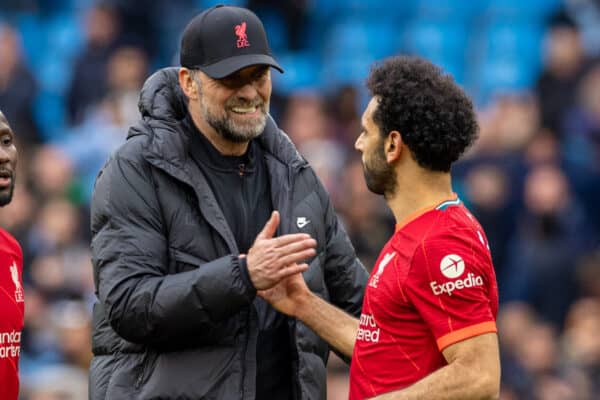 MANCHESTER, ENGLAND - Sunday, April 10, 2022: Liverpool's manager Jürgen Klopp (L) and Mohamed Salah after the FA Premier League match between Manchester City FC and Liverpool FC at the City of Manchester Stadium. The game ended in a 2-2 draw. (Pic by David Rawcliffe/Propaganda)