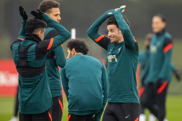 LIVERPOOL, ENGLAND - Tuesday, April 12, 2022: Liverpool's Curtis Jones (R) and Luis Díaz during a training session at the AXA Training Centre ahead of the UEFA Champions League Quarter-Final 2nd Leg game between Liverpool FC and SL Benfica. (Pic by David Rawcliffe/Propaganda)