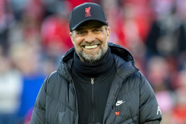 LIVERPOOL, ENGLAND - Wednesday, April 13, 2022: Liverpool's manager Jürgen Klopp during the pre-match warm-up before the UEFA Champions League Quarter-Final 2nd Leg game between Liverpool FC and SL Benfica at Anfield. (Pic by David Rawcliffe/Propaganda)