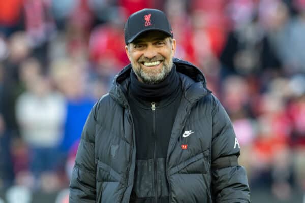 LIVERPOOL, ENGLAND - Wednesday, April 13, 2022: Liverpool's manager Jürgen Klopp during the pre-match warm-up before the UEFA Champions League Quarter-Final 2nd Leg game between Liverpool FC and SL Benfica at Anfield. (Pic by David Rawcliffe/Propaganda)