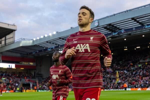 LIVERPOOL, ENGLAND - Wednesday, April 13, 2022: Liverpool's Diogo Jota during the pre-match warm-up before the UEFA Champions League Quarter-Final 2nd Leg game between Liverpool FC and SL Benfica at Anfield. (Pic by David Rawcliffe/Propaganda)