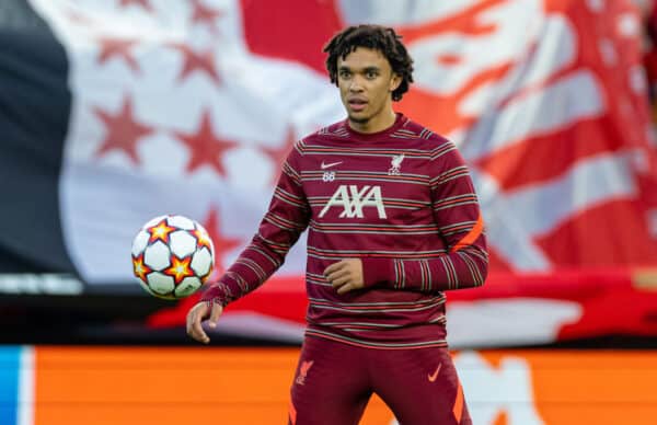 LIVERPOOL, ENGLAND - Wednesday, April 13, 2022: Liverpool's Trent Alexander-Arnold during the pre-match warm-up before the UEFA Champions League Quarter-Final 2nd Leg game between Liverpool FC and SL Benfica at Anfield. (Pic by David Rawcliffe/Propaganda)