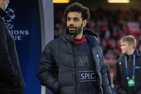 LIVERPOOL, ENGLAND - Wednesday, April 13, 2022: Liverpool's substitute Mohamed Salah walks to the bench before the UEFA Champions League Quarter-Final 2nd Leg game between Liverpool FC and SL Benfica at Anfield. (Pic by David Rawcliffe/Propaganda)