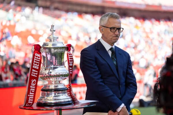 LONDON, ENGLAND - Saturday, April 16, 2022: Television presenter Gary Lineker looks at the FA Cup before the FA Cup Semi-Final game between Manchester City FC and Liverpool FC at Wembley Stadium. Liverpool won 3-2. (Pic by David Rawcliffe/Propaganda)