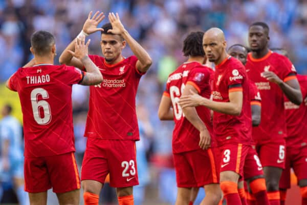 LONDON, ENGLAND - Saturday, April 16, 2022: Liverpool's Luis Díaz (R) and Thiago Alcantara before the the FA Cup Semi-Final game between Manchester City FC and Liverpool FC at Wembley Stadium. Liverpool won 3-2. (Pic by David Rawcliffe/Propaganda)