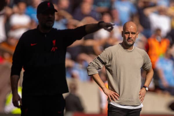 LONDON, ENGLAND - Saturday, April 16, 2022: Manchester City's manager Josep 'Pep' Guardiola (R) and Liverpool's manager Jürgen Klopp during the FA Cup Semi-Final game between Manchester City FC and Liverpool FC at Wembley Stadium. Liverpool won 3-2. (Pic by David Rawcliffe/Propaganda)