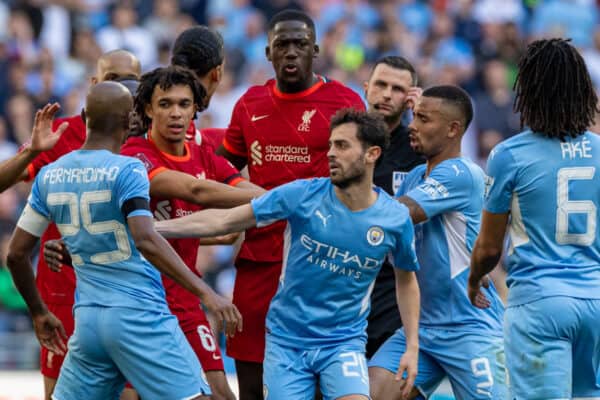 LONDON, ENGLAND - Saturday, April 16, 2022: Liverpool's Trent Alexander-Arnold and Ibrahima Konaté clash with Manchester City's captain Fernando Luiz Roza 'Fernandinho' during the FA Cup Semi-Final game between Manchester City FC and Liverpool FC at Wembley Stadium. Liverpool won 3-2. (Pic by David Rawcliffe/Propaganda)