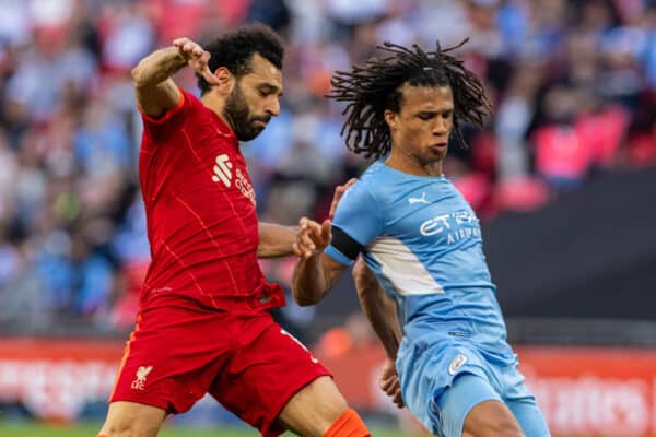 LONDON, ENGLAND - Saturday, April 16, 2022: Liverpool's Mohamed Salah (L) and Manchester City's Nathan Aké during the FA Cup Semi-Final game between Manchester City FC and Liverpool FC at Wembley Stadium. Liverpool won 3-2. (Pic by David Rawcliffe/Propaganda)