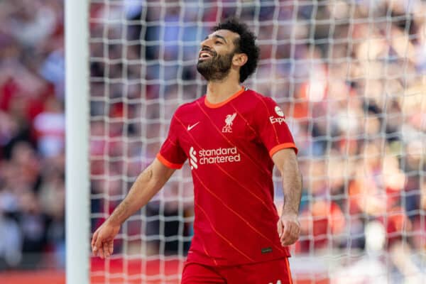 LONDON, ENGLAND - Saturday, April 16, 2022: Liverpool's Mohamed Salah rues a missed chance during the FA Cup Semi-Final game between Manchester City FC and Liverpool FC at Wembley Stadium. Liverpool won 3-2. (Pic by David Rawcliffe/Propaganda)