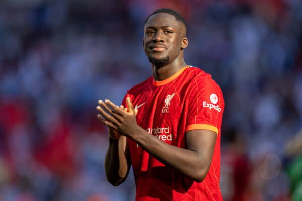 LONDON, ENGLAND - Saturday, April 16, 2022: Liverpool's goal-scorer Ibrahima Konaté applauds the supporters after the FA Cup Semi-Final game between Manchester City FC and Liverpool FC at Wembley Stadium. Liverpool won 3-2. (Pic by David Rawcliffe/Propaganda)