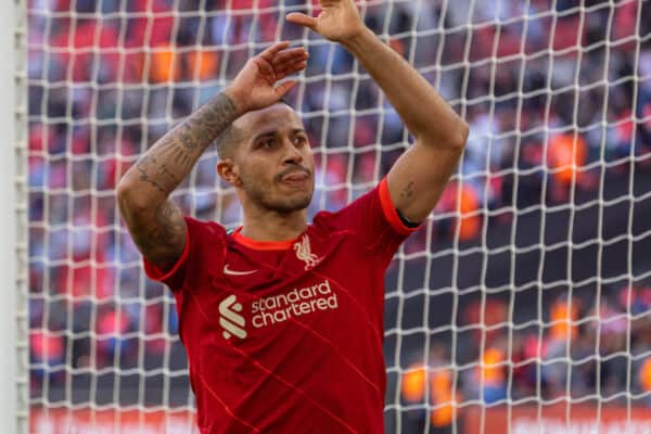 LONDON, ENGLAND - Saturday, April 16, 2022: Liverpool's Thiago Alcantara celebrates with the supporters after the FA Cup Semi-Final game between Manchester City FC and Liverpool FC at Wembley Stadium. Liverpool won 3-2. (Pic by David Rawcliffe/Propaganda)