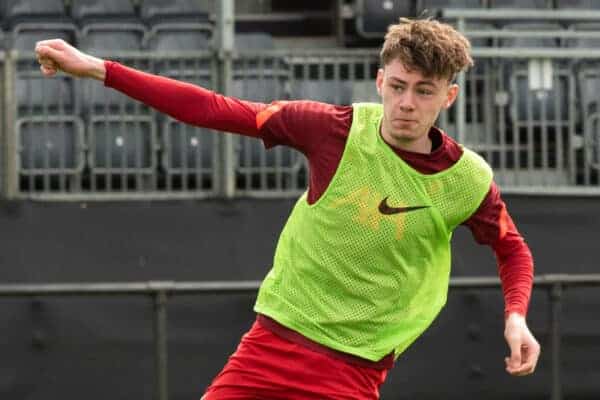 LIVERPOOL, ENGLAND - Sunday, April 17, 2022: Liverpool's Conor Bradley during the pre-match warm-up before the Premier League 2 Division 1 match between Liverpool FC Under-23's and West Ham United FC Under-23's at the Liverpool Academy. (Pic by Jessica Hornby/Propaganda)