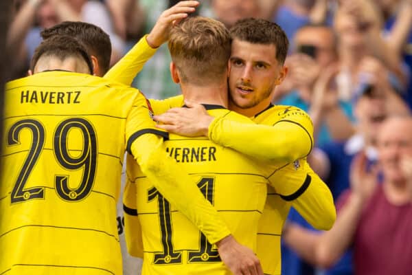 LONDON, ENGLAND - Sunday, April 17, 2022: Chelsea's Mason Mount (R) celebrates with team-mates after scoring the second goal during the FA Cup Semi-Final game between Chelsea FC and Crystal Palace FC at Wembley Stadium. Chelsea won 2-0. (Pic by David Rawcliffe/Propaganda)