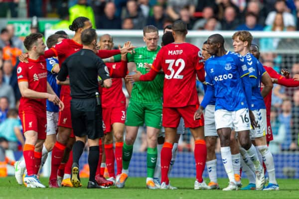 LIVERPOOL, ENGLAND - Sunday, April 24, 2022: Liverpool's Joel Matip and Everton's goalkeeper Jordan Pickford clash during the FA Premier League match between Liverpool FC and Everton FC, the 240th Merseyside Derby, at Anfield. Liverpool won 2-0. (Pic by Lindsey Parneby/Propaganda)