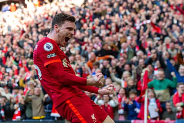 LIVERPOOL, ENGLAND - Sunday, April 24, 2022: Liverpool's Andy Robertson celebrates after scoring the first goal during the FA Premier League match between Liverpool FC and Everton FC, the 240th Merseyside Derby, at Anfield. Liverpool won 2-0. (Pic by Lindsey Parneby/Propaganda)