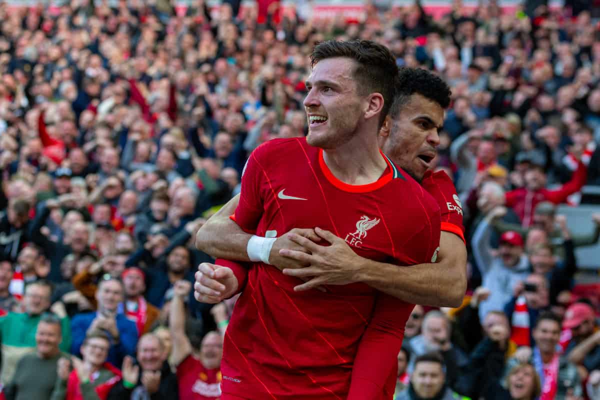 LIVERPOOL, ENGLAND - Sunday, April 24, 2022: Liverpool's Andy Robertson (L) celebrates with team-mate Luis Díaz after scoring the first goal during the FA Premier League match between Liverpool FC and Everton FC, the 240th Merseyside Derby, at Anfield. Liverpool won 2-0. (Pic by Lindsey Parneby/Propaganda)