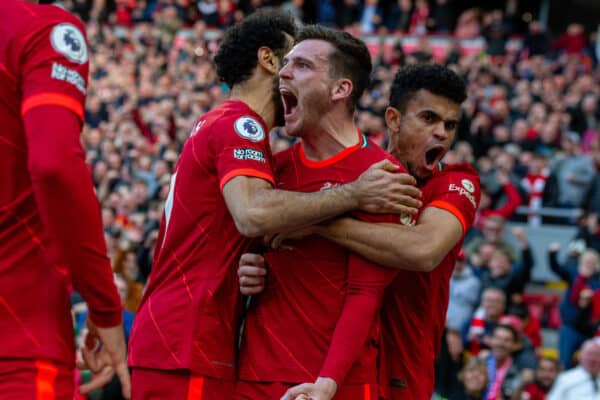 LIVERPOOL, ENGLAND - Sunday, April 24, 2022: Liverpool's Andy Robertson (C) celebrates with team-mates Mohamed Salah (L) and Luis Díaz (R) after scoring the first goal during the FA Premier League match between Liverpool FC and Everton FC, the 240th Merseyside Derby, at Anfield. Liverpool won 2-0. (Pic by Lindsey Parneby/Propaganda)